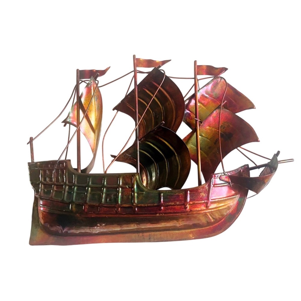 Vintage Nina Copper Boat, Copper Metal 3 Mast Pirate Ship Boat Sculpture‎